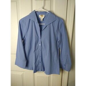 Talbots Woman 4 Blue V Neck Collared Pleated Shirt  Long Sleeve Office Casual